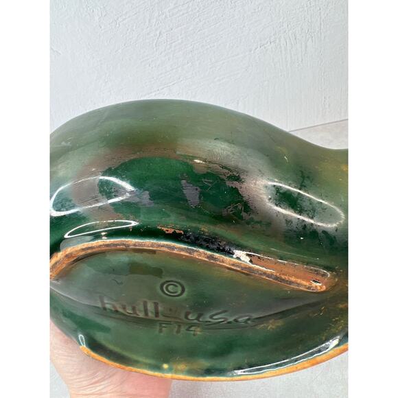 Vintage Mid Century Modern Hull Pottery USA Dark Green Leaf Bowl Dish F14 - Picture 7 of 9